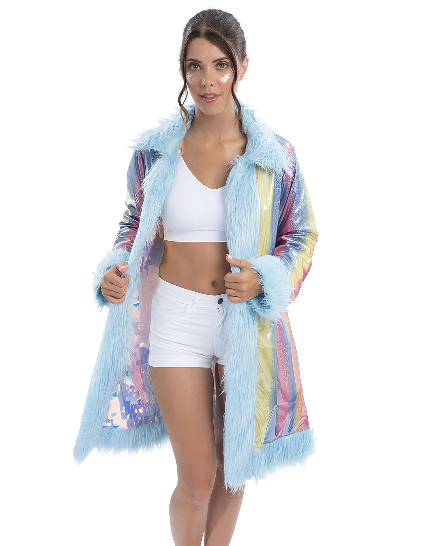 Dvostrani plavi kaput sa šljokicama i umjetnim krznom za odrasle