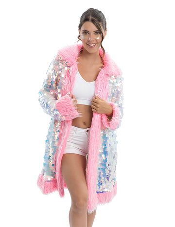 Dvostrani ružičasti kaput za odrasle sa šljokicama i umjetnim krznom