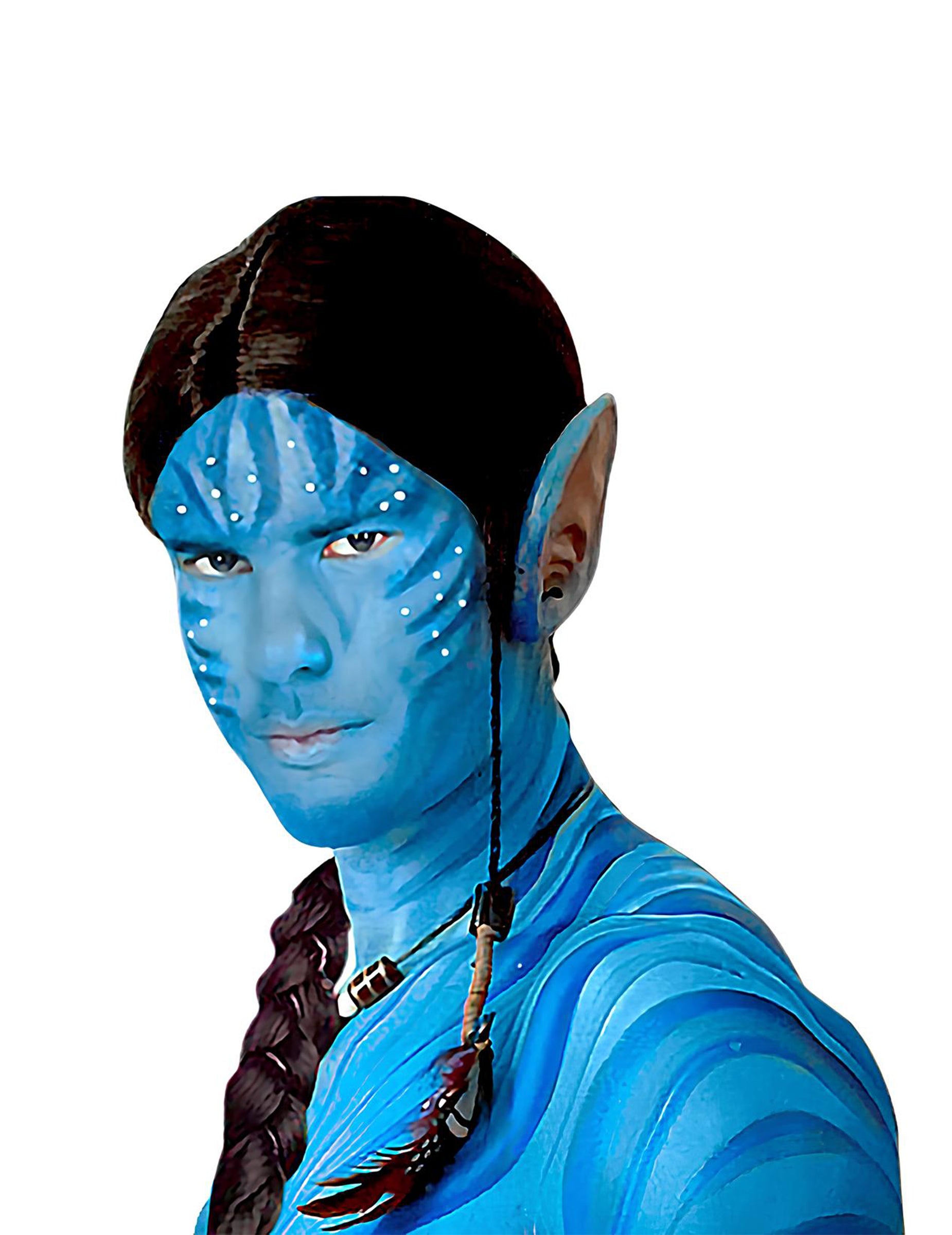 Potpuni prikaz na bustu i licu profesionalne šminke za lice i tijelo u plavoj boji