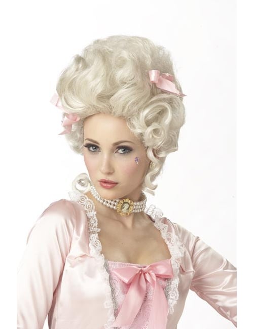 Perruque Marie Antoinette pour femme blonde platine avec nœuds roses