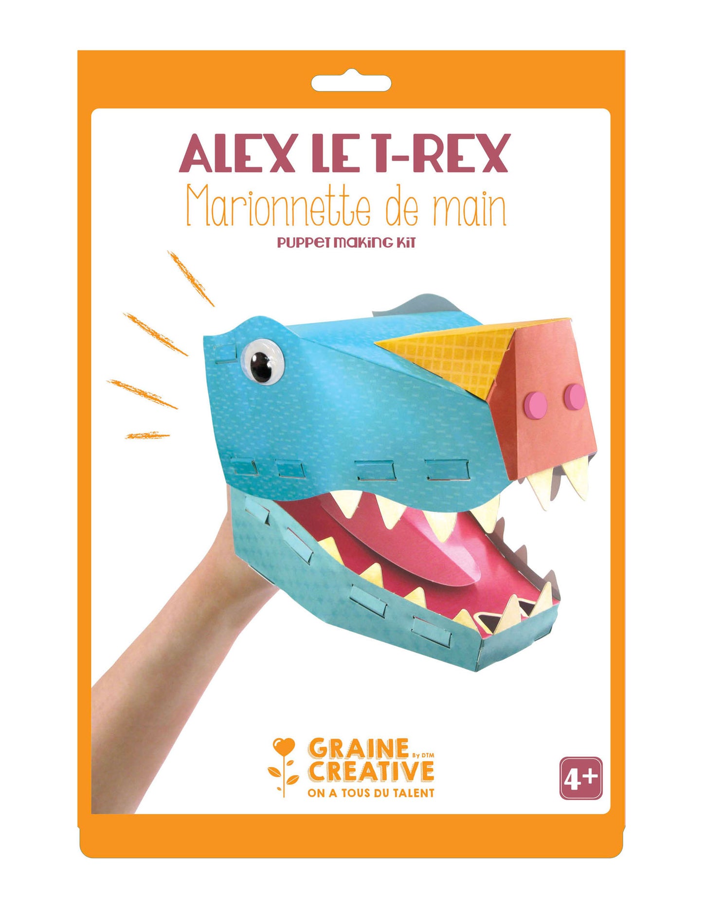 Kartonska lutka za ruku Alex T-Rex 20,5 x 29 cm, kreativni komplet