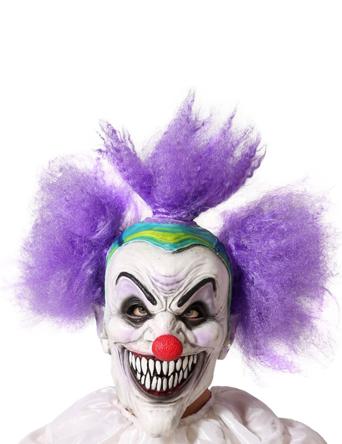 Masque de clown déjanté pour adulte blanc et violet à nez rouge