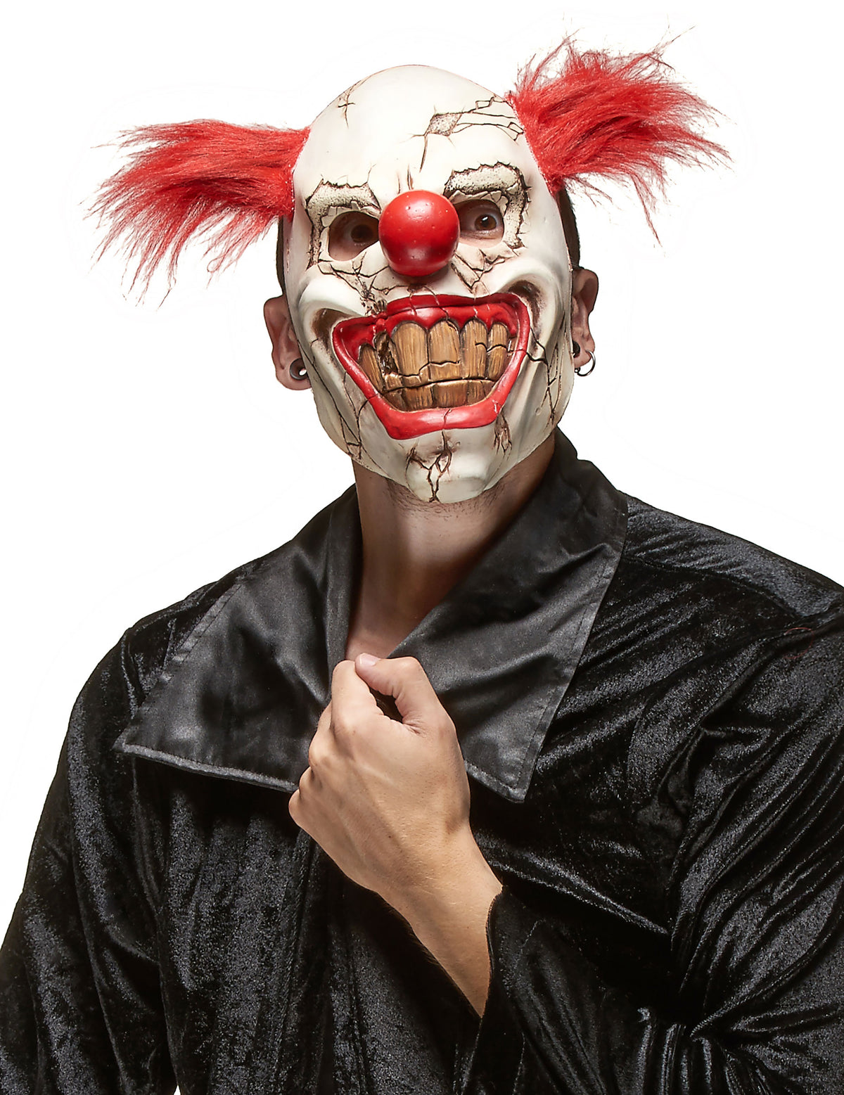 Masque de clown méchant pour adulte blanc et rouge avec cheveux