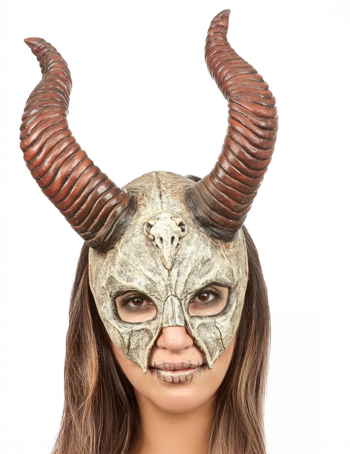 Masque crâne de buffle pour adulte beige avec grandes cornes marron