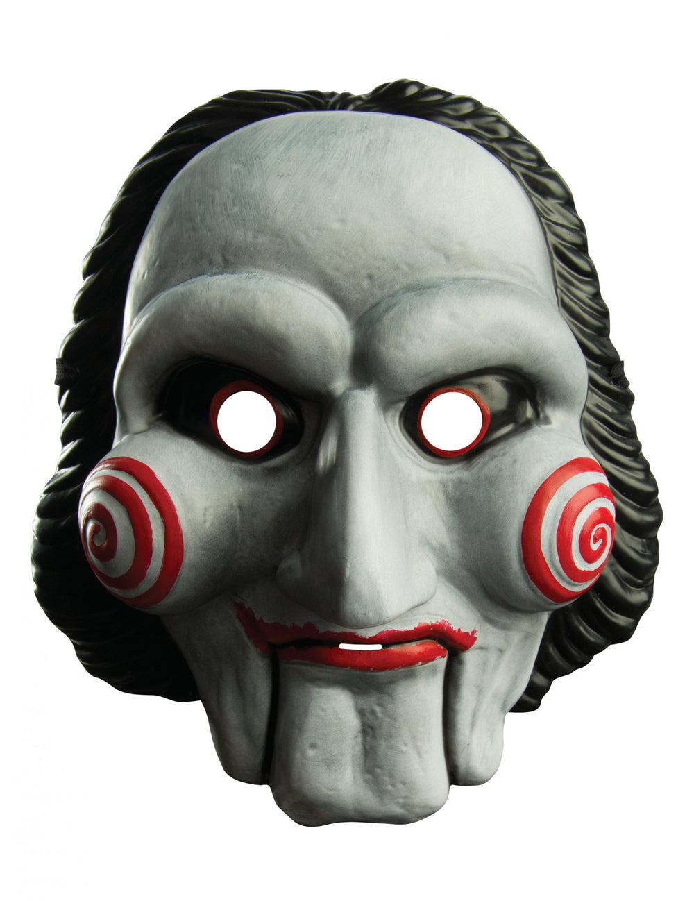 Masque en plastique Saw pour adulte blanc avec spirales rouges et cheveux noirs