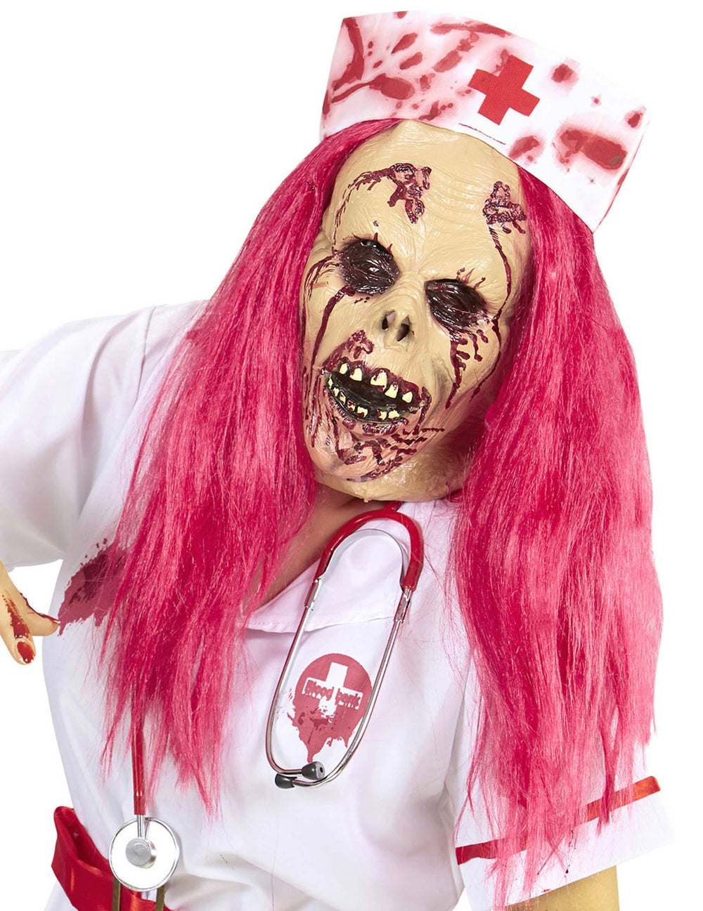 Potpuna maska medicinske sestre zombija za odrasli s ružičastom kosom i krvavom kapom