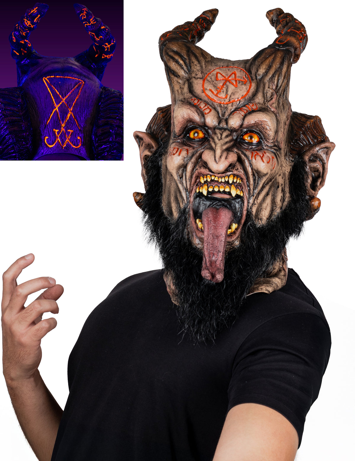 Masque intégral monstre de l'apocalypse pour adulte marron et noir avec cornes et motifs UV orange