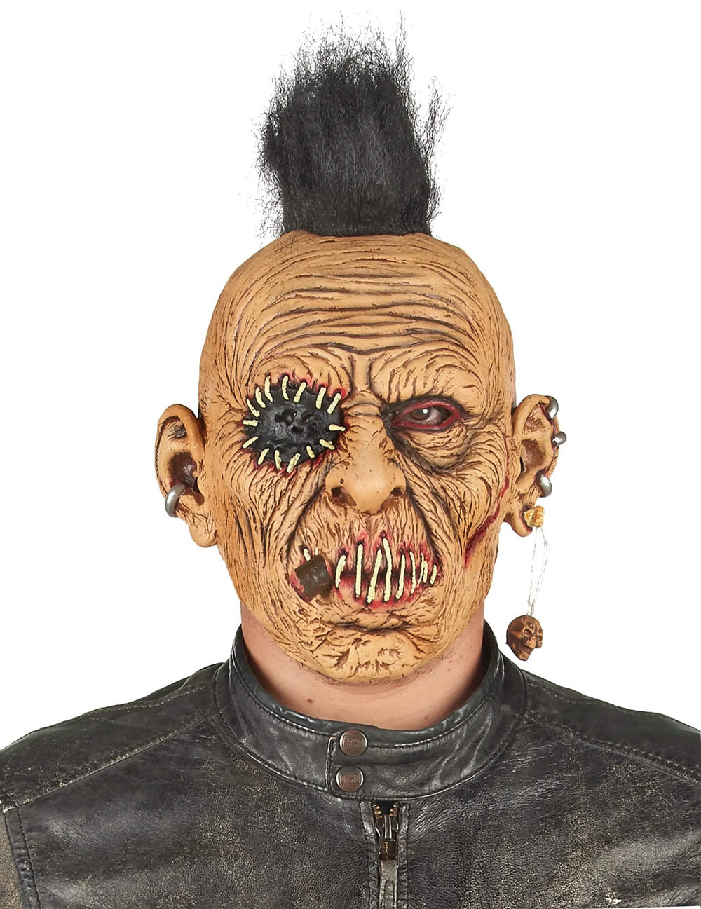 Detalj zašivene usta i piercinga latex punk maske s irokezom
