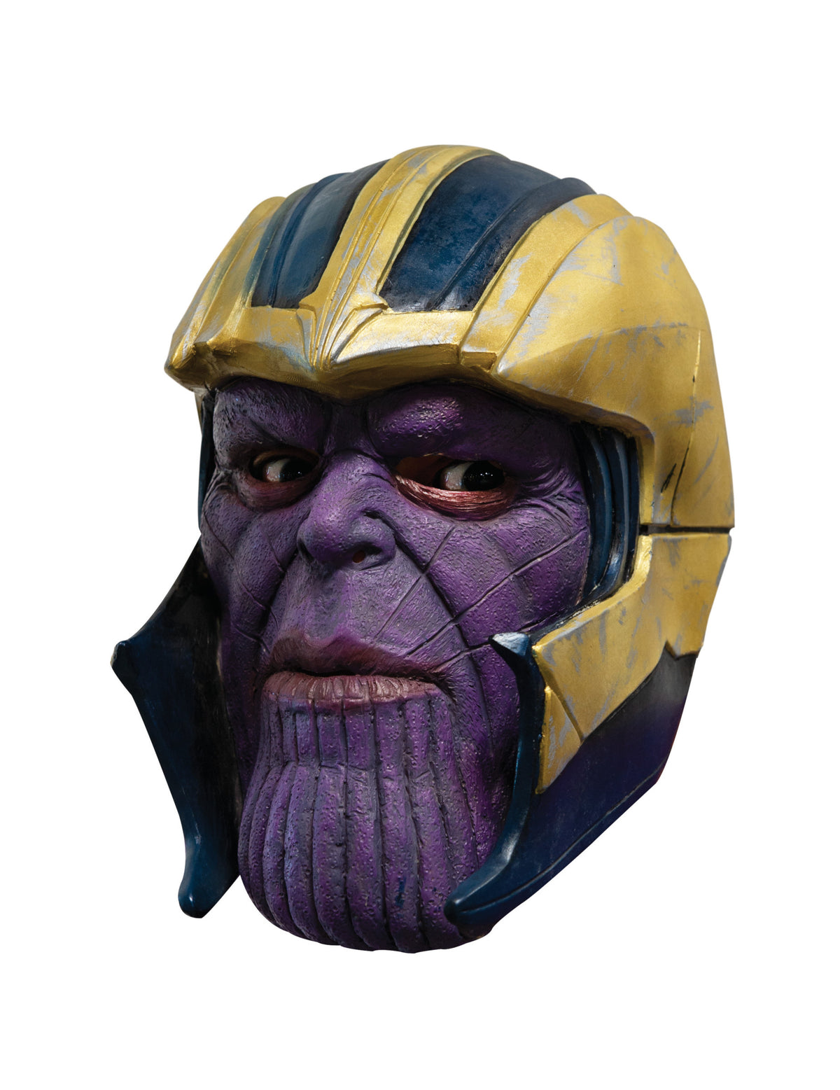 Masque latex Thanos pour adulte violet avec casque doré et bleu