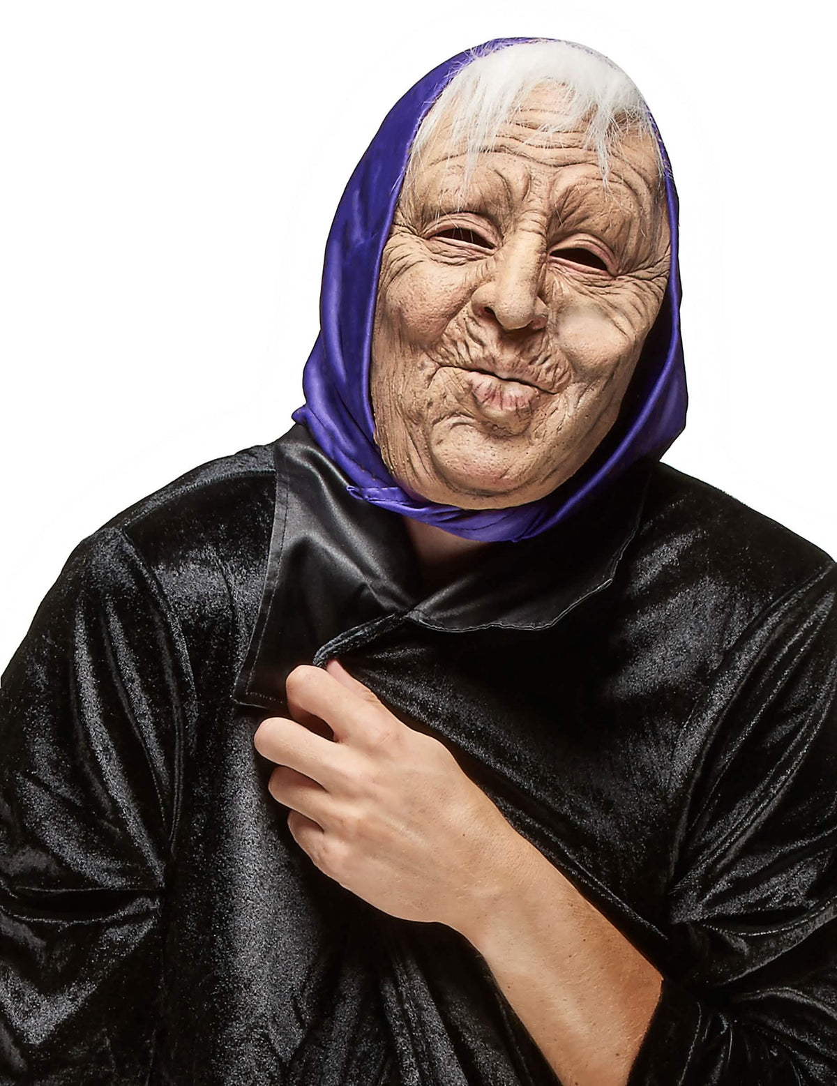 Lateks maska za odrasle starice s ljubičasta maramom