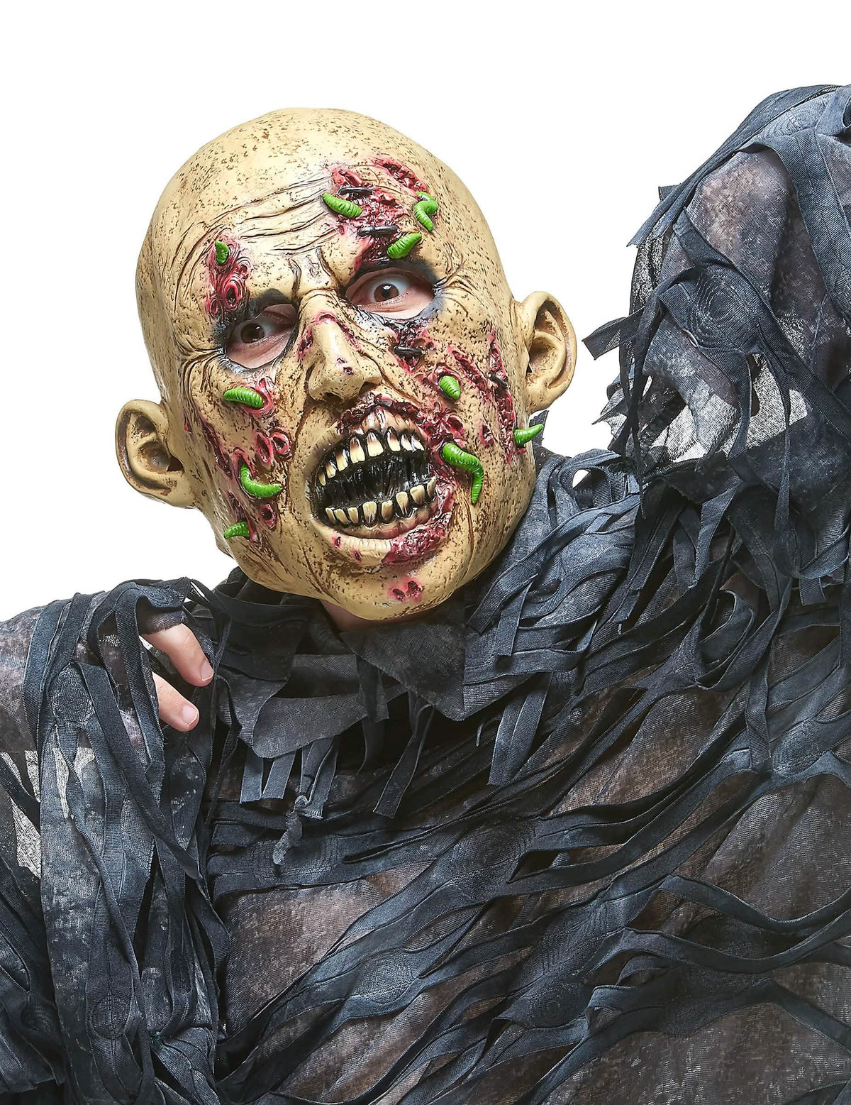 Izmrvljena zombie maska za odrasli bež s zelenim crvima i krvavim ranama