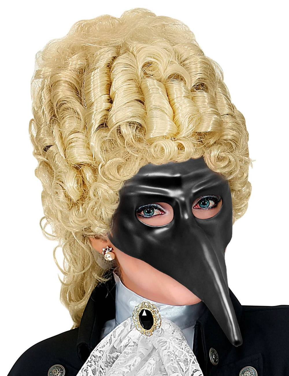 Prednji pogled nošen s perikom maske s dugim nosom za odrasle crna