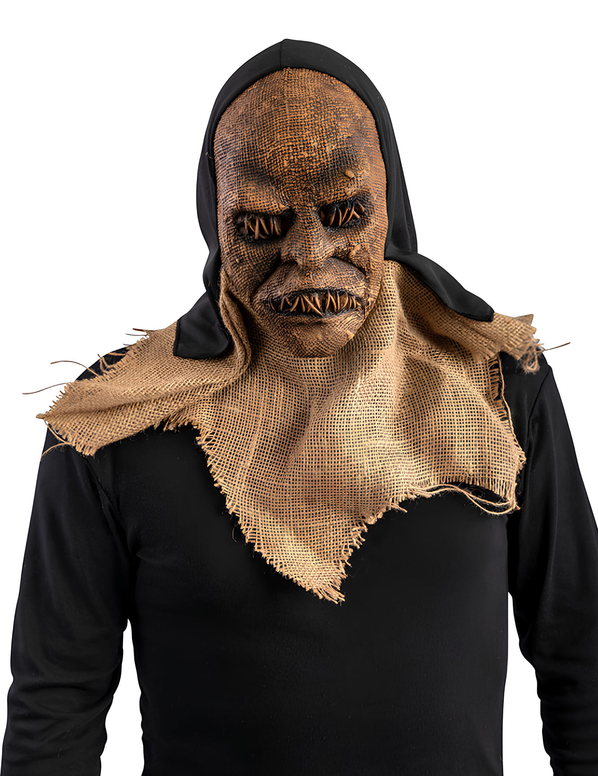 Masque monstre en latex et capuche pour adulte marron aspect toile de jute et coutures