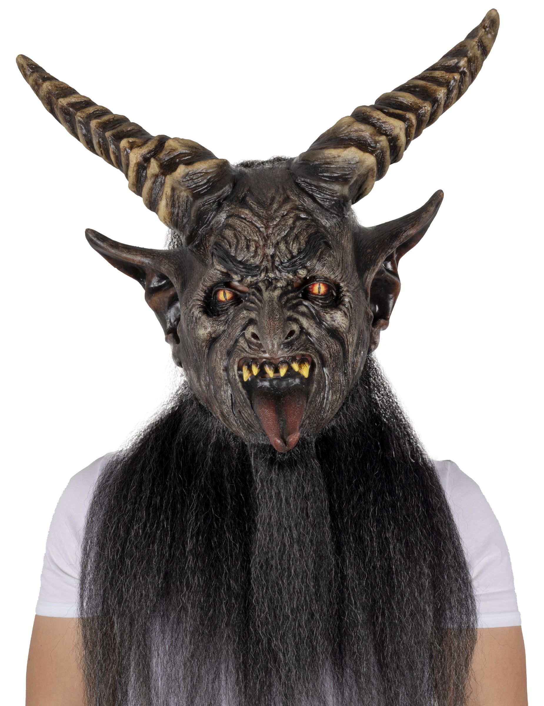 Masque de monstre pour adulte noir à cornes luxe avec poils longs