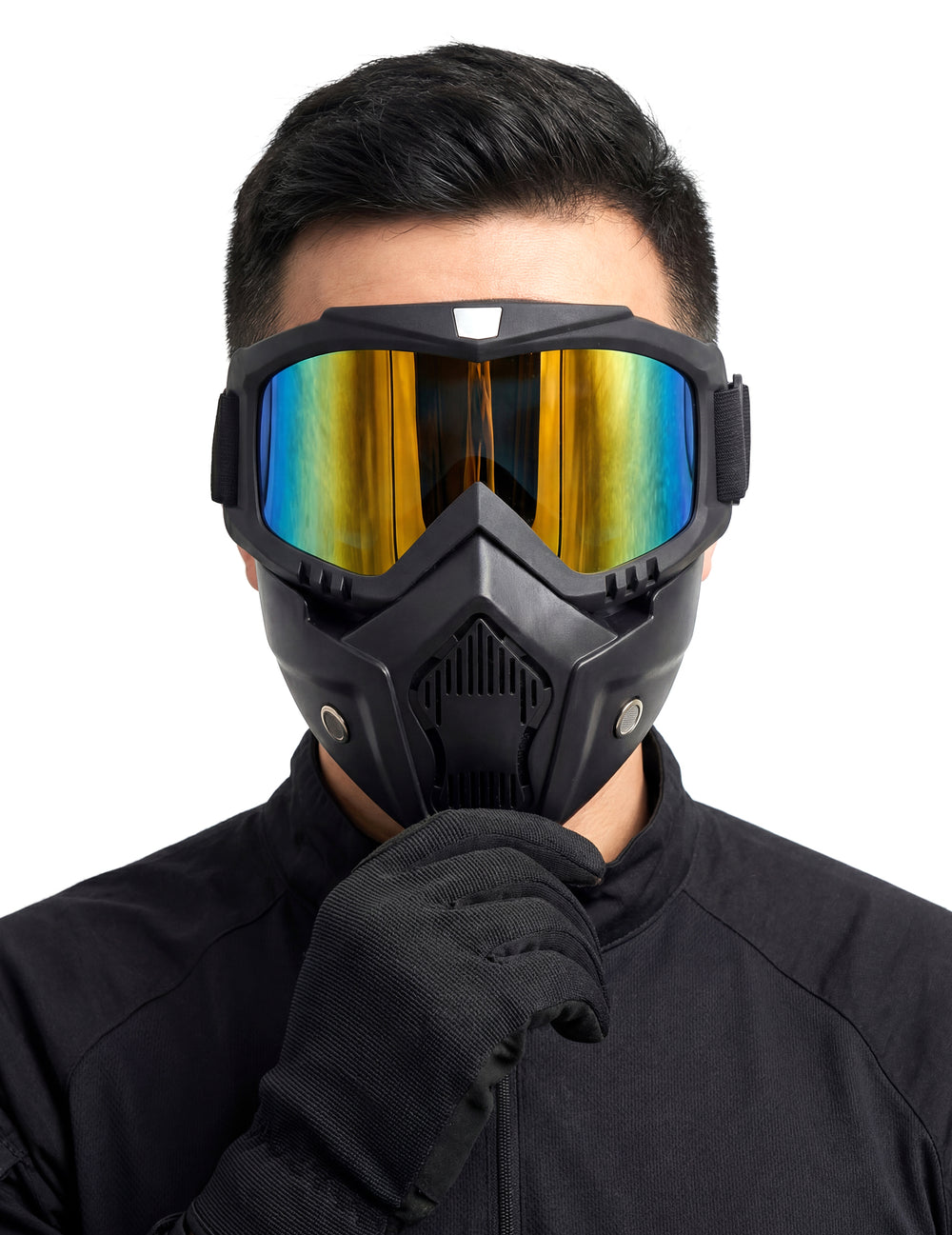 Masque protection militaire pour adulte noir avec lunettes irisées