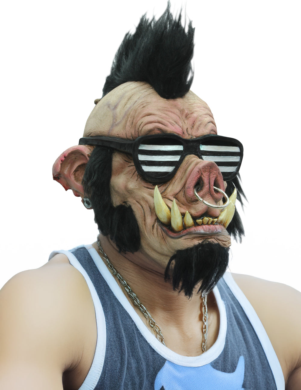 Masque sanglier punk pour adulte beige avec crête noire et lunettes de soleil