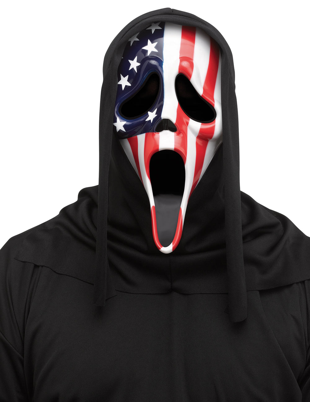 Masque Scream™ drapeau USA pour adulte blanc bleu rouge avec cagoule noire