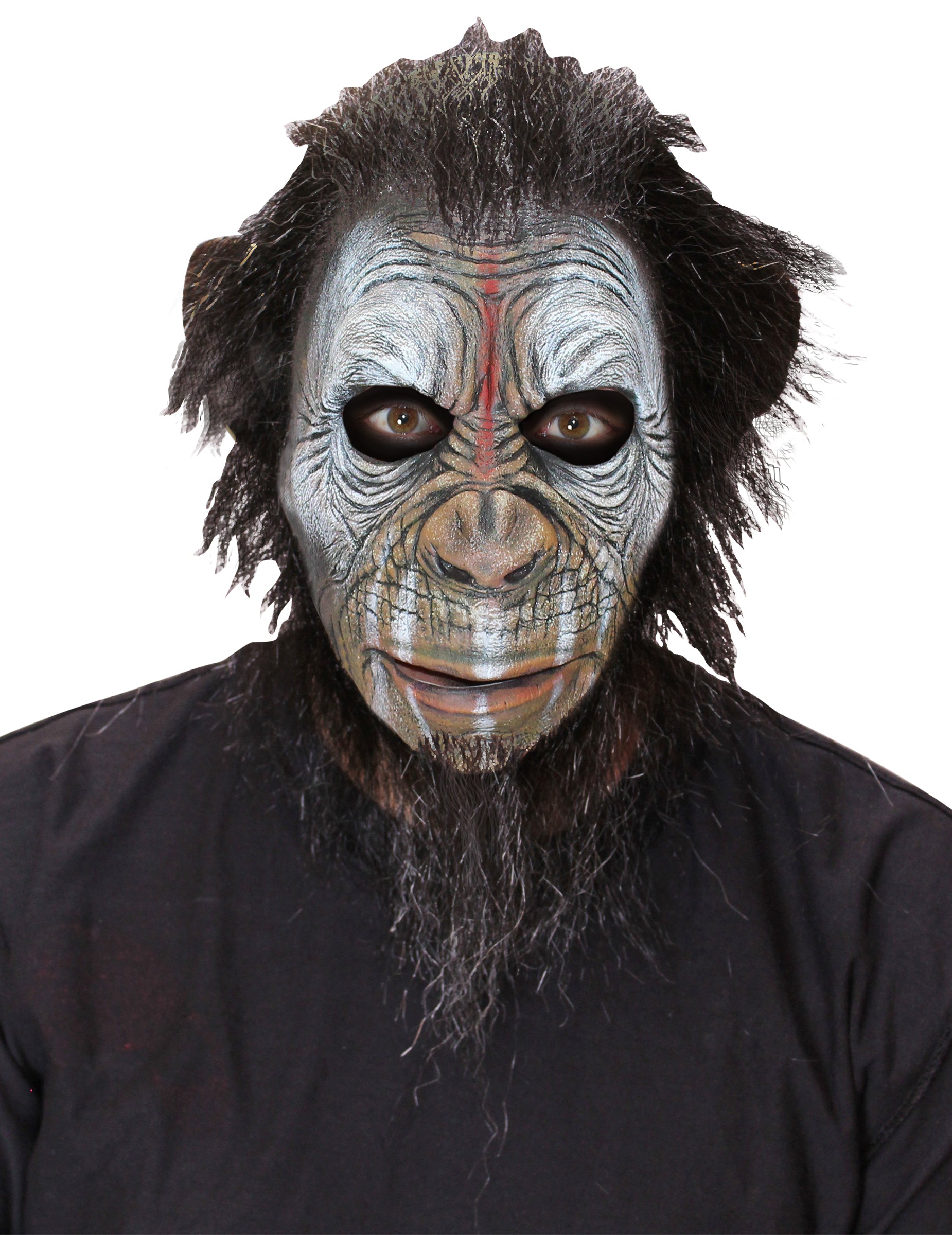 Masque singe guerrier pour adulte poilu avec peintures de guerre blanches et rouges