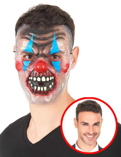 Masque transparent clown effrayant pour adulte bicolore bleu et rouge