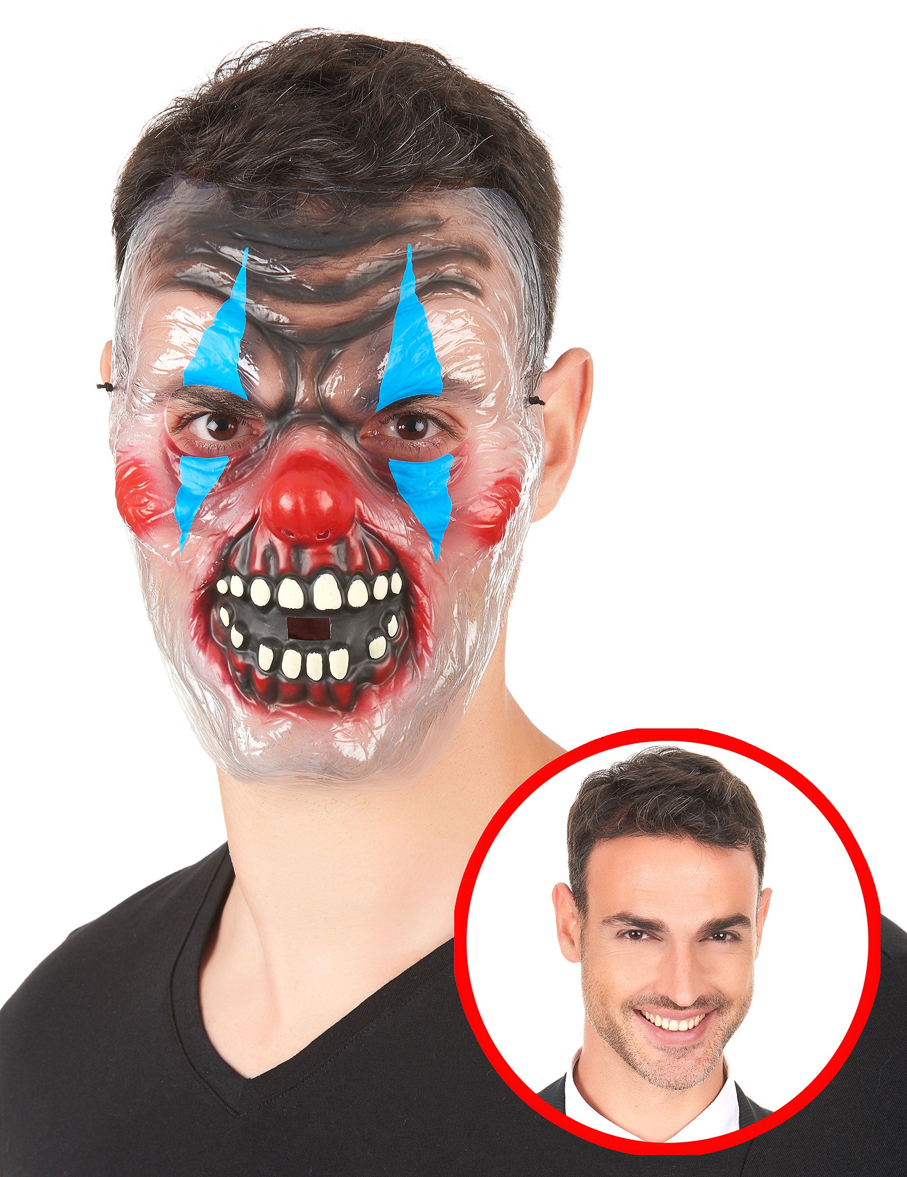 Masque transparent clown effrayant pour adulte bicolore bleu et rouge