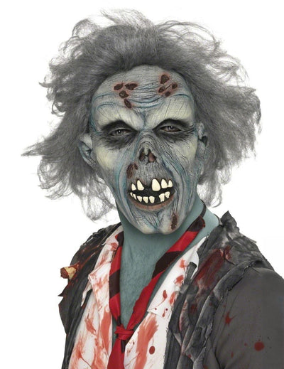 Masque de zombie pour adulte gris avec cheveux hirsutes et dents apparentes