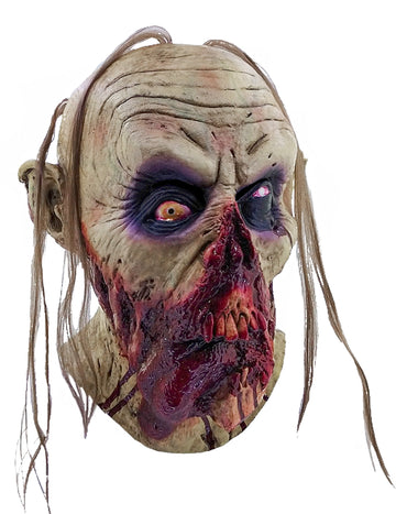 Masque zombie sanglant pour adulte beige et rouge avec cheveux longs