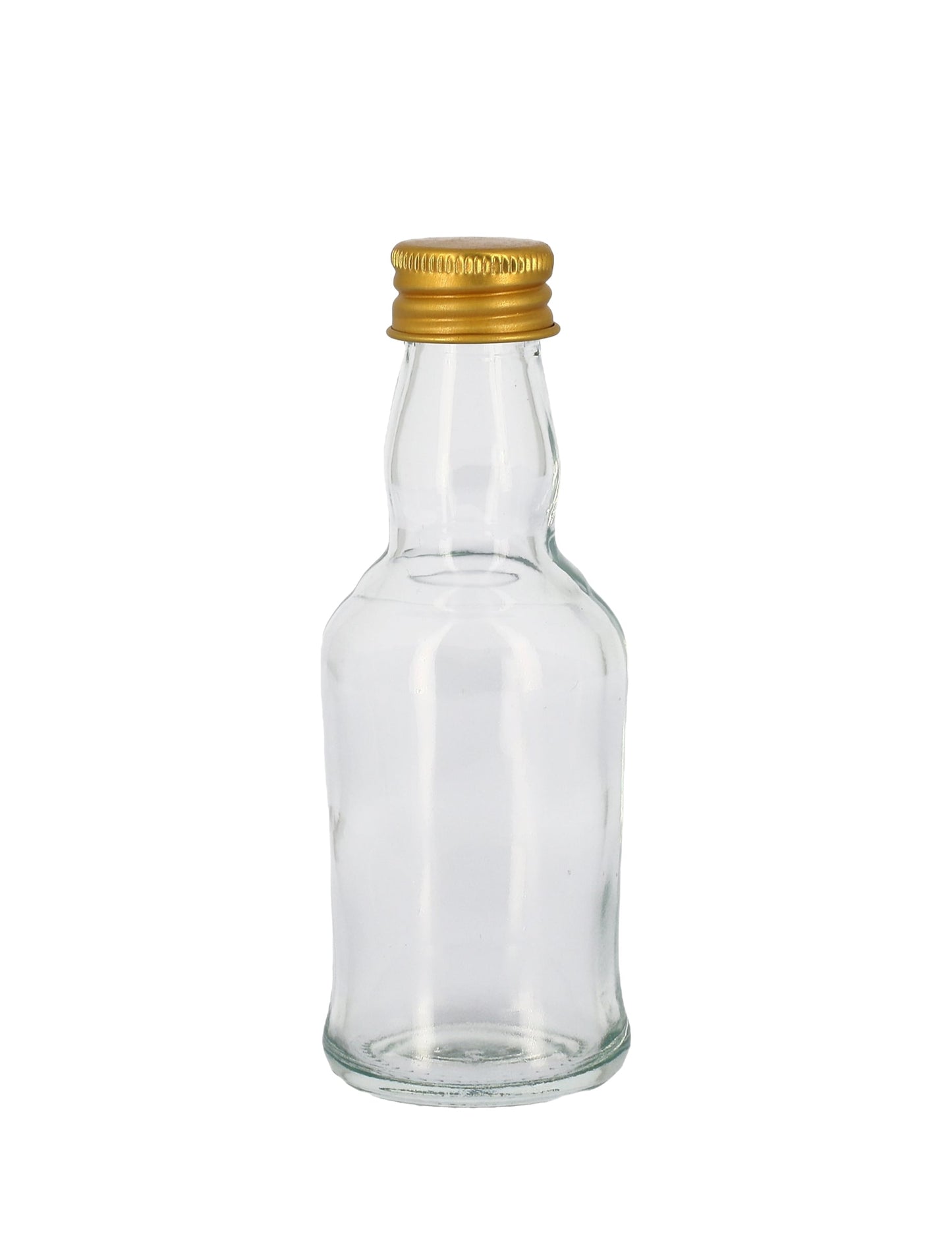 Mignonnette en verre transparent avec bouchon en métal doré