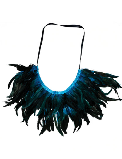 Vue de dos de la mini cape en plumes pour adulte noire et bleue