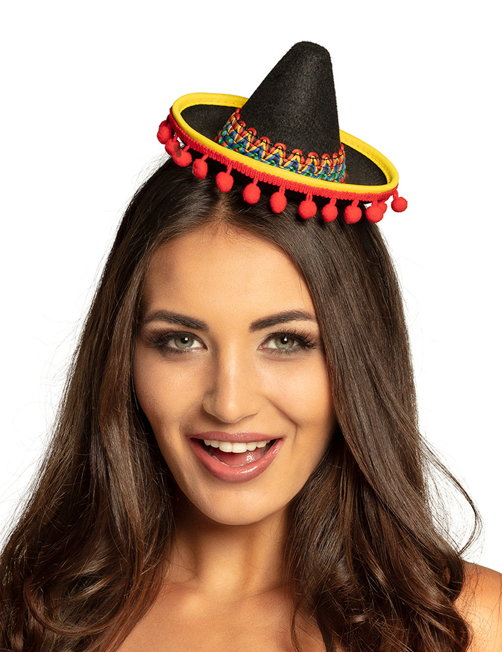 Mini sombrero mexicain pour adulte noir avec pompons rouges