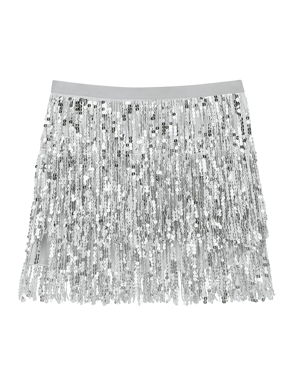 Vue de face de la minijupe à paillettes argentée pour femme à franges