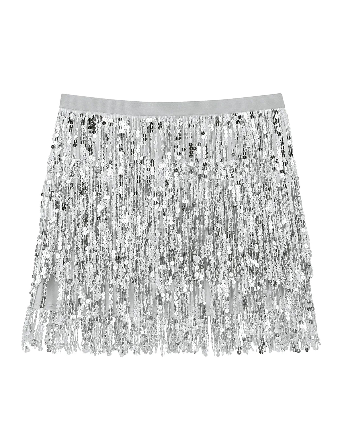 Vue de face de la minijupe à paillettes argentée pour femme à franges