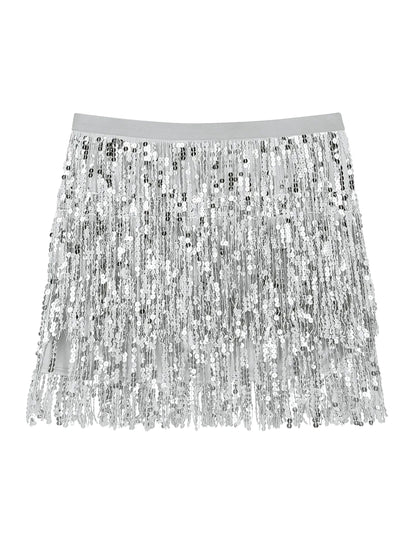 Vue de face de la minijupe à paillettes argentée pour femme à franges