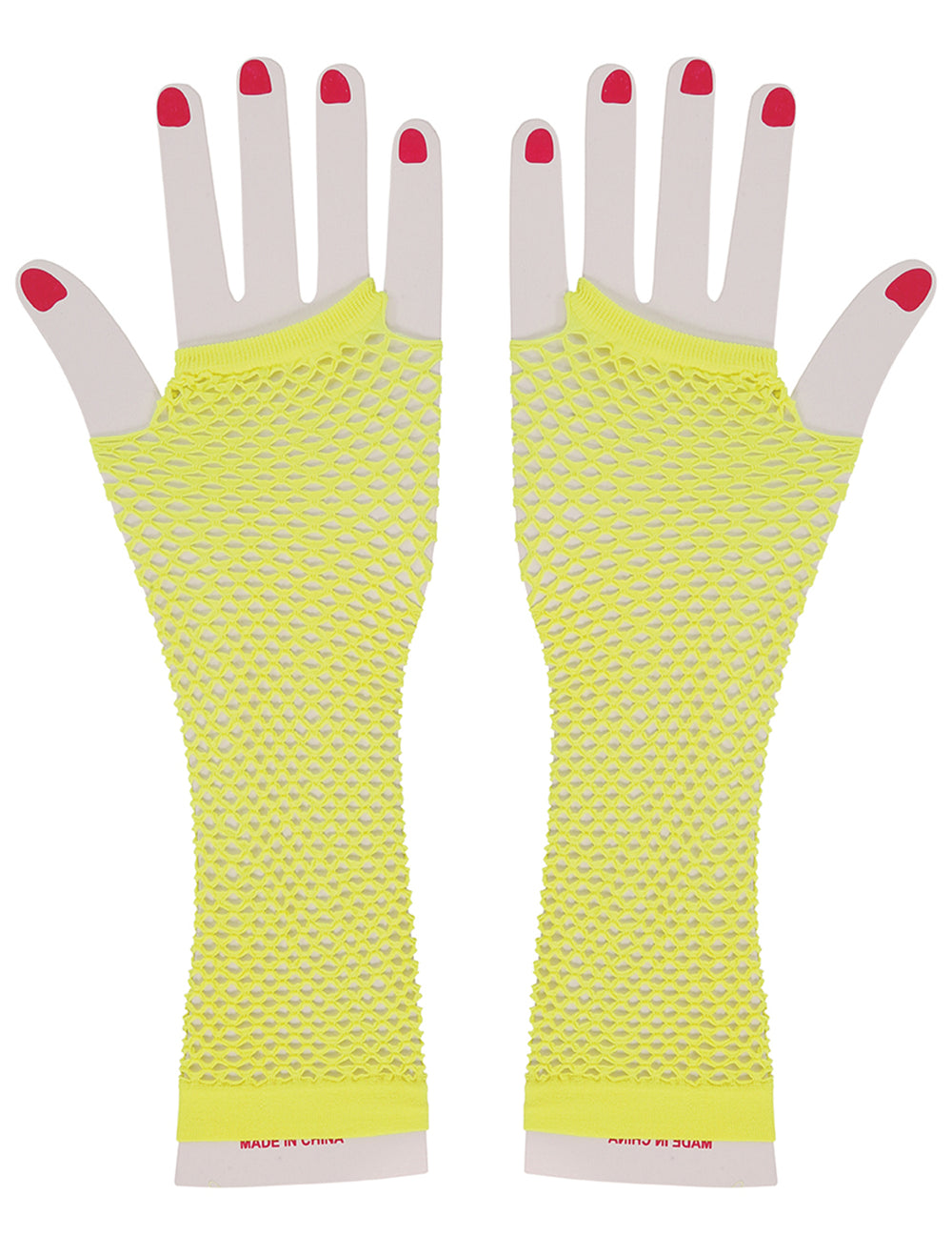 Vue de face des mitaines longues résille jaune fluo