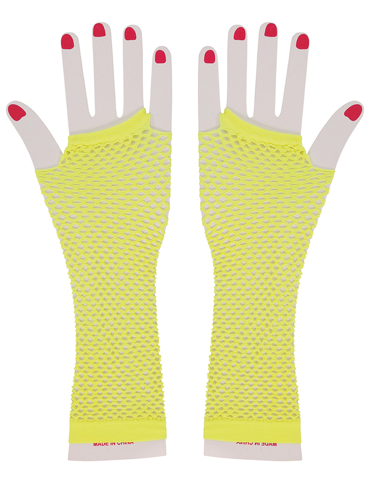 Vue de face des mitaines longues résille jaune fluo