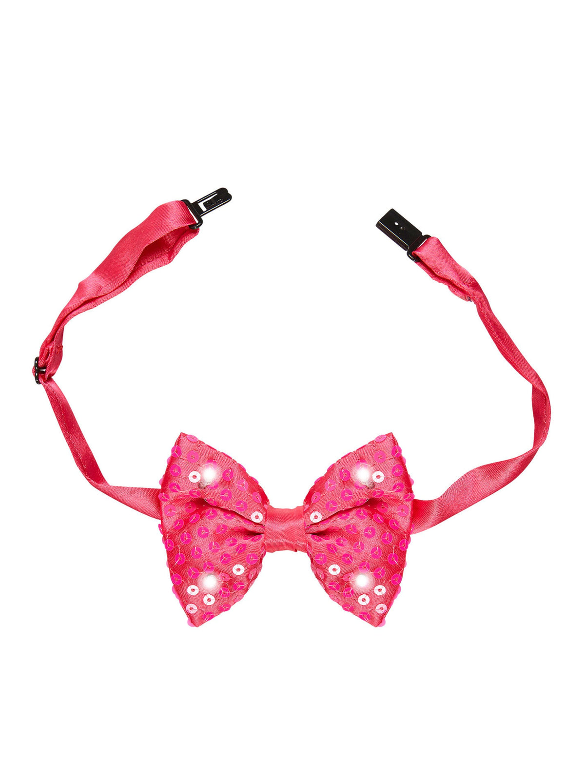 Détail du système d'attache du noeud papillon à sequins et LED clignotantes pour adulte rose