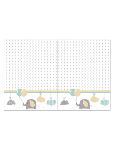 Nappe en plastique bébé éléphant pour baby shower blanche à pois gris avec motifs pastel