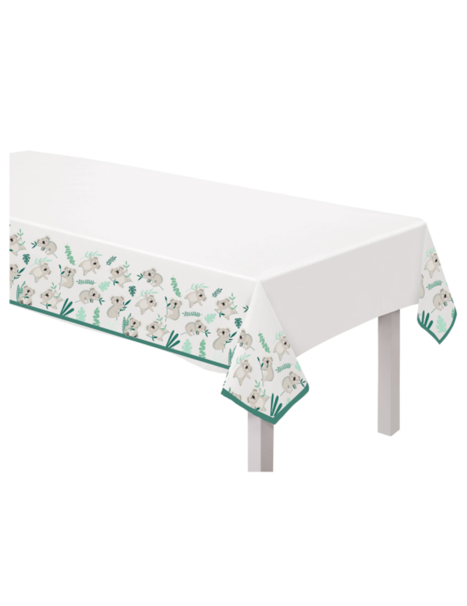 Nappe en plastique koala pour anniversaire blanche à motifs koalas et feuilles vertes
