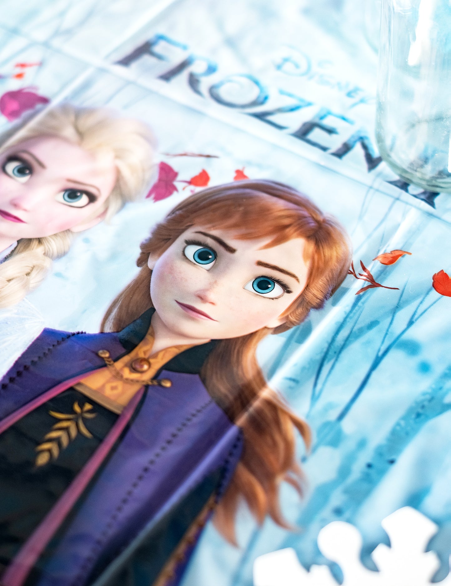 Gros plan sur l'illustration d'Anna de la nappe en plastique La Reine des Neiges 2