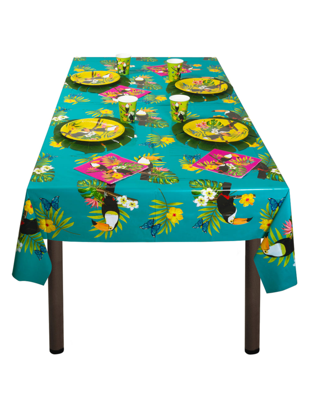 Mise en situation sur une table de fête de la nappe en plastique toucan
