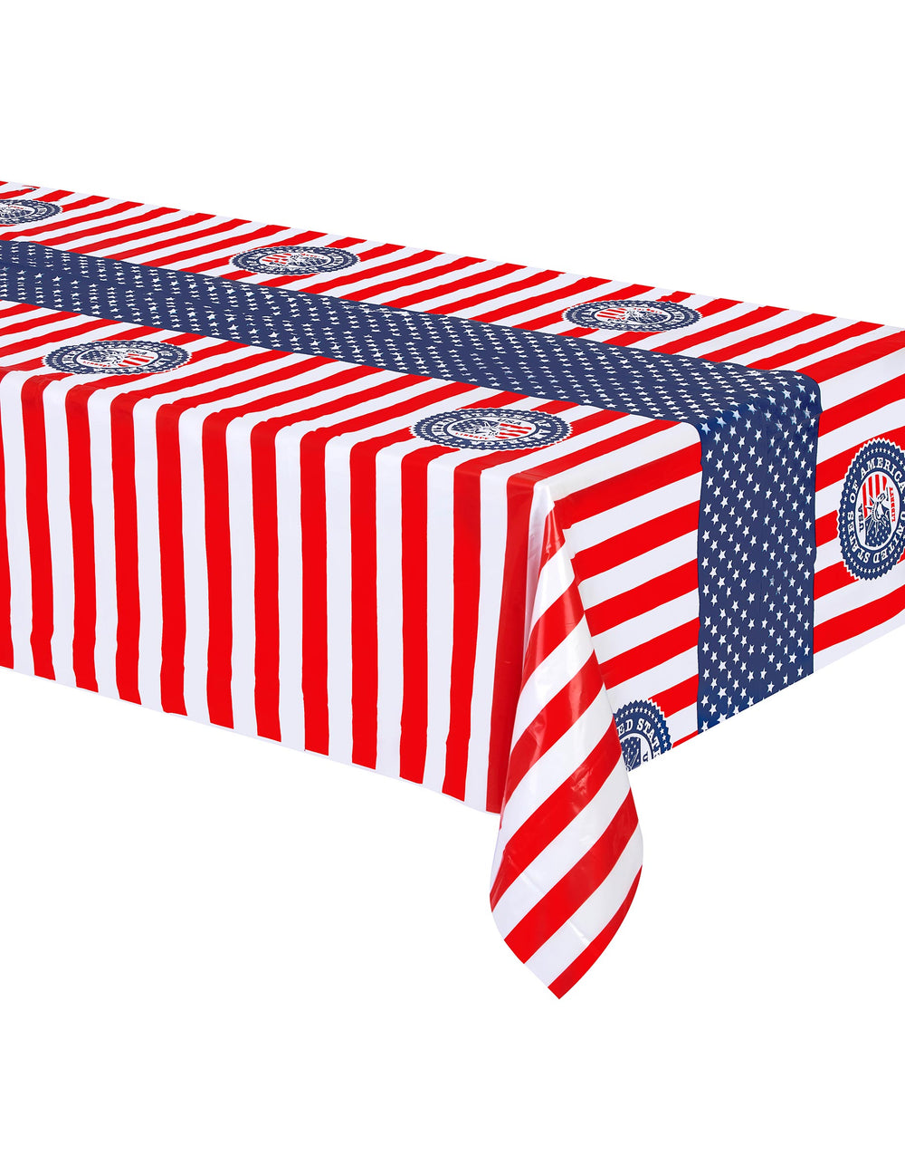 Nappe USA pour fête rayée rouge et blanc avec bande bleue étoilée