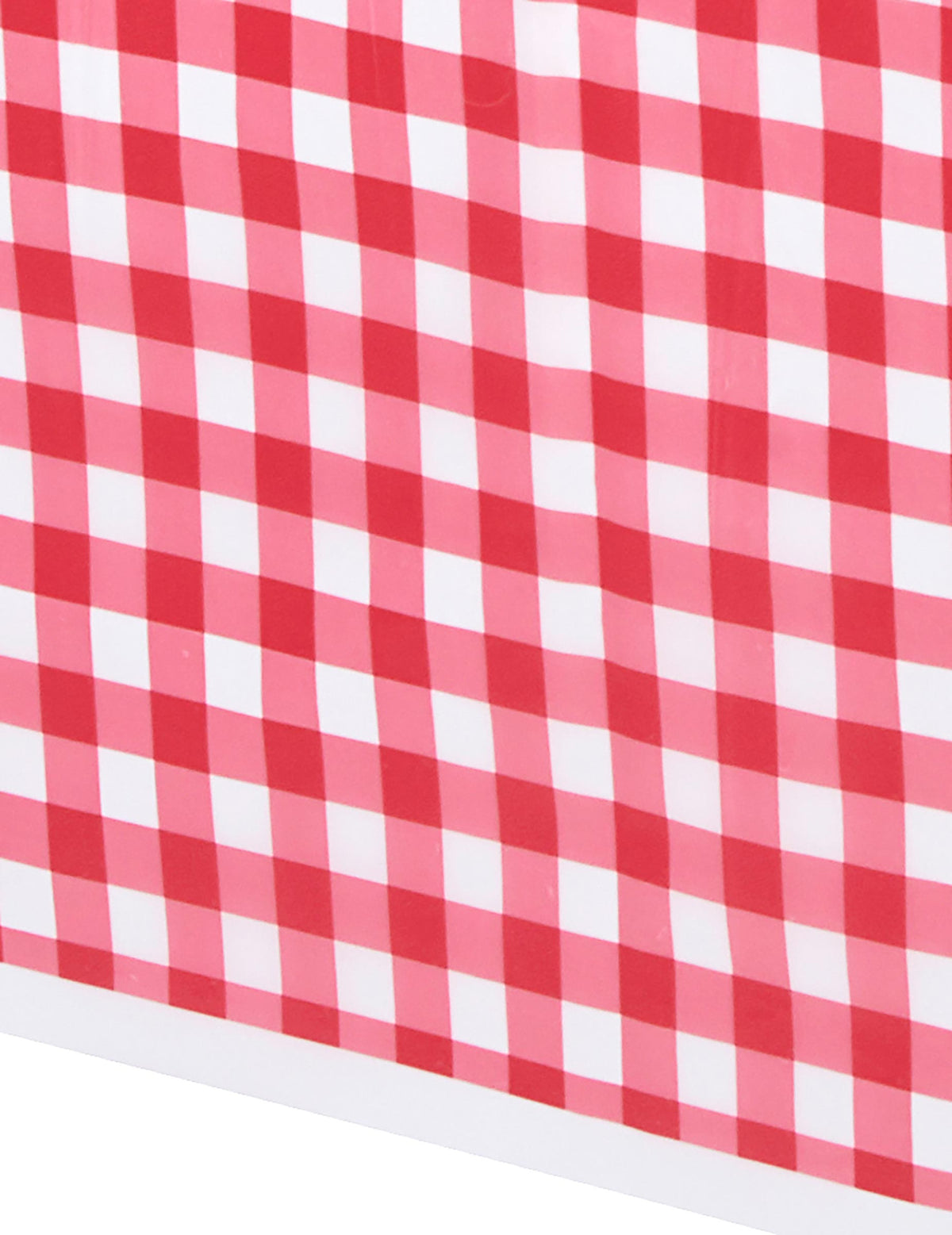 Gros plan sur le motif de la nappe en plastique vichy rouge et blanc