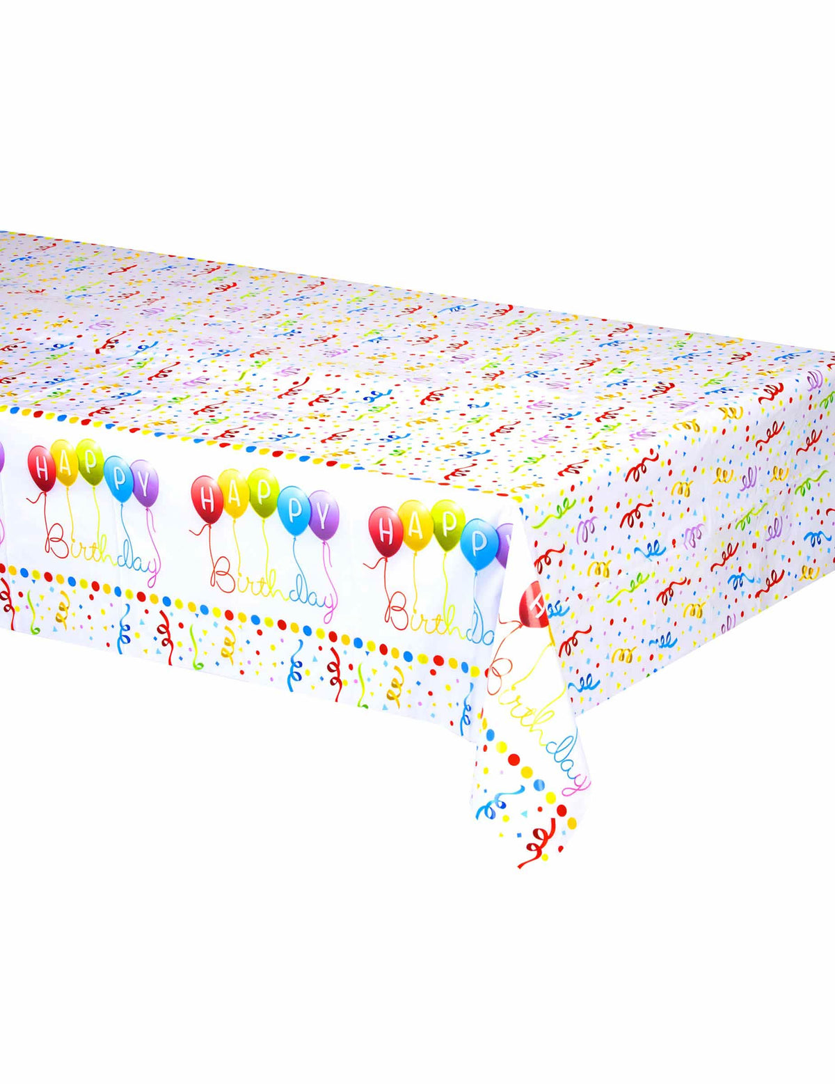 Plastični stolnjak Happy Birthday za rođendan bijeli s uzorkom konfeti i šarenih balona