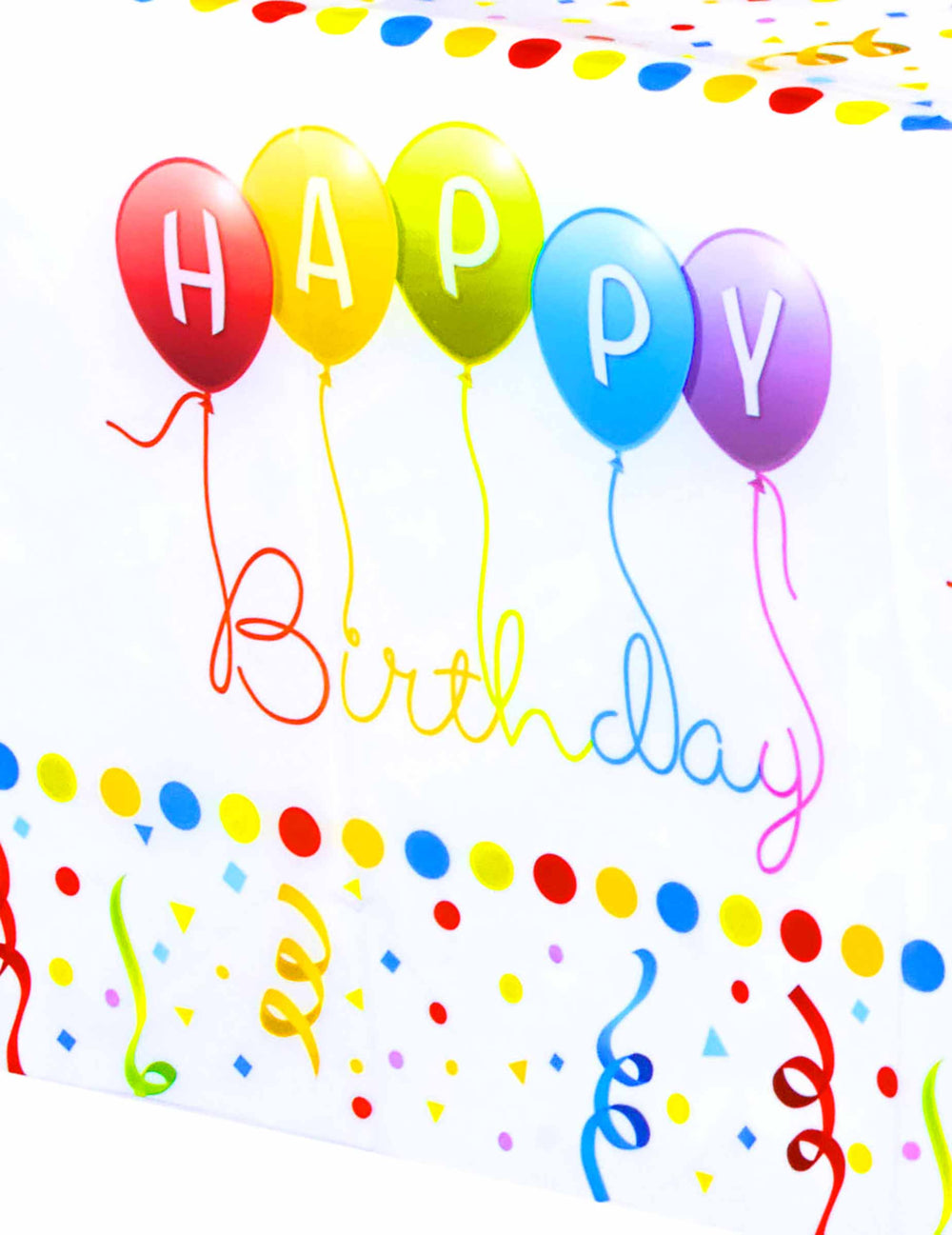 Krupni plan otiska balona i konfeta na plastičnom stolnjaku Happy Birthday