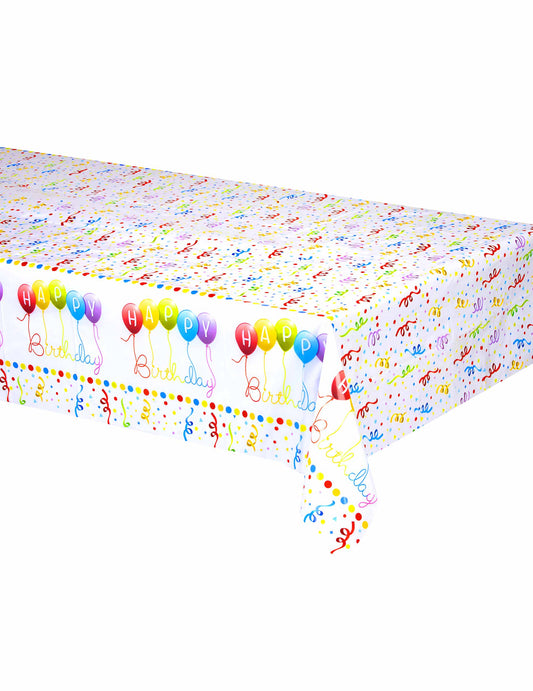 Nappe plastique Happy Birthday pour anniversaire blanche à motifs confettis et ballons multicolores
