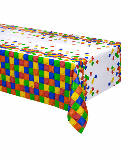 Nappe en plastique jeu de construction pour anniversaire multicolore à motifs de briques colorées