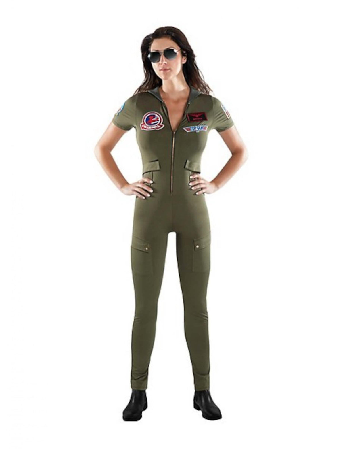 Kostim kombinezon Top Gun za odrasli u kaki zelenoj s amblemima