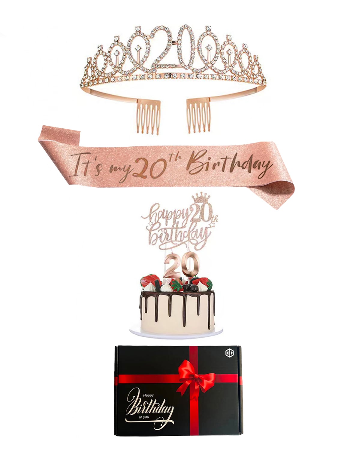 Pack d'accessoires anniversaire 20 ans pour femme rose gold avec diadème et écharpe