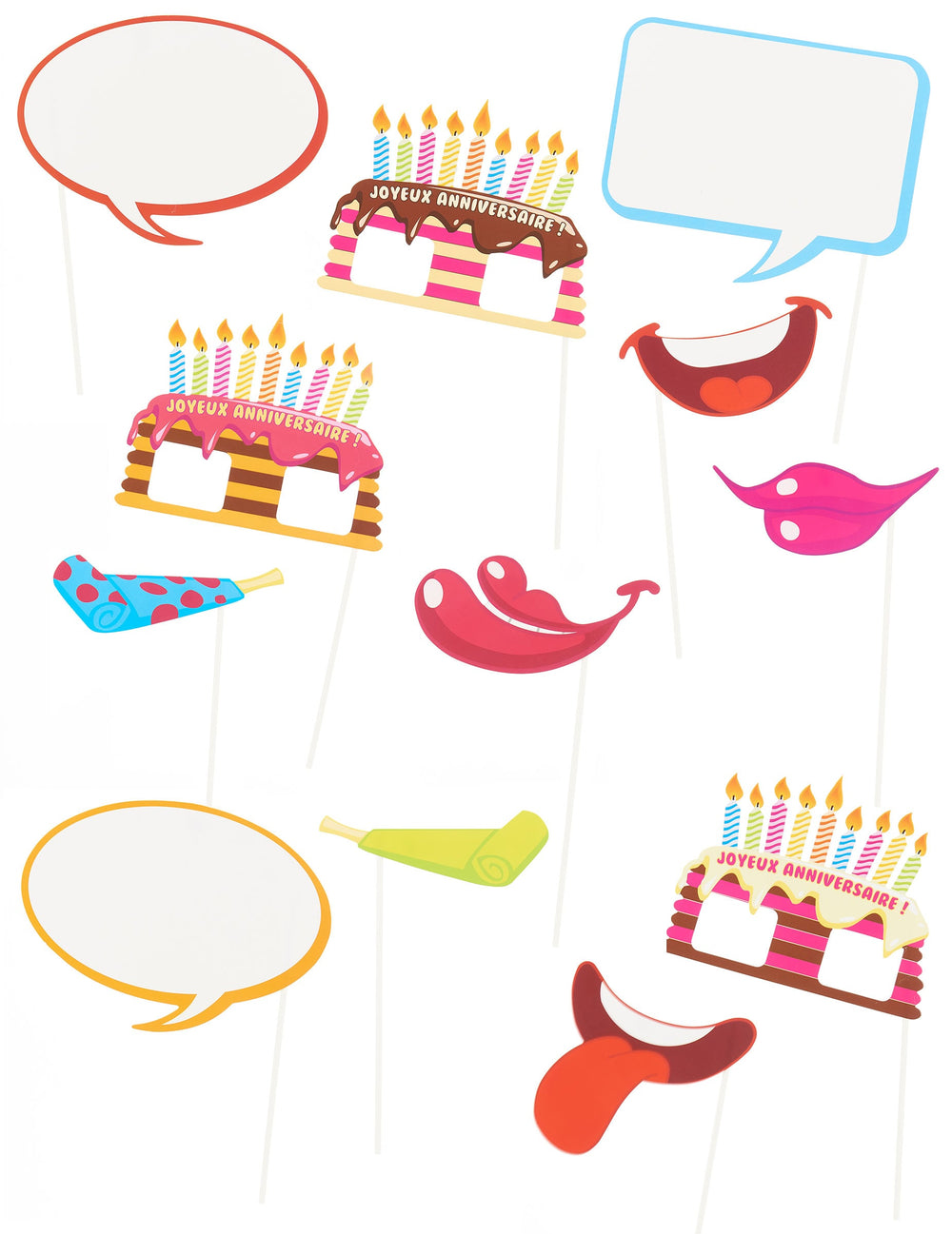Pack photobooth anniversaire pour fête multicolore avec bulles et gâteaux