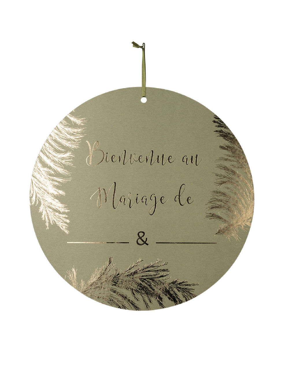 Pancarte en carton Bienvenue au mariage de pour mariage kaki et dorure or à personnaliser