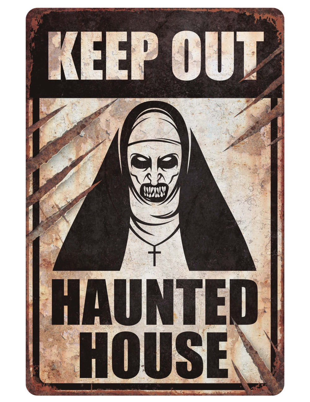 Panneau nonne démoniaque pour Halloween en carton aspect vieilli et rouillé